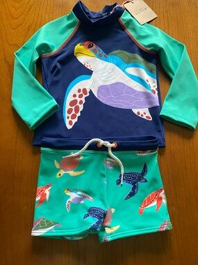 Boden Kids Rashguard Swim Set - Navy & Teal with Turtle Print